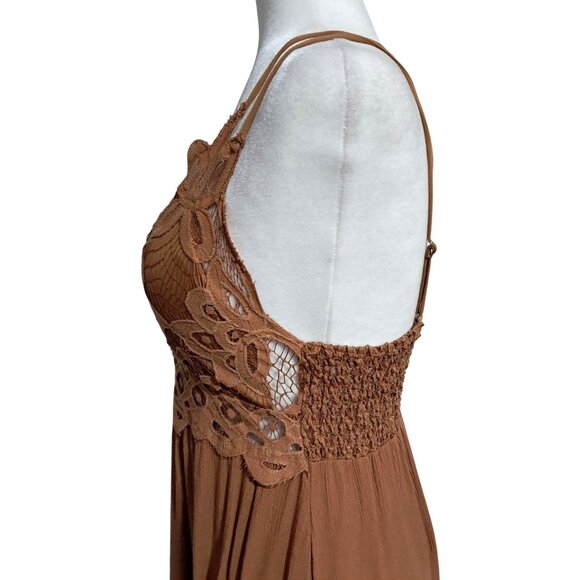 Y2K Justify L Rust Brown Leaf Lace Fairycore Boho Ruffle Mini Sundress Back - Picture 7 of 11